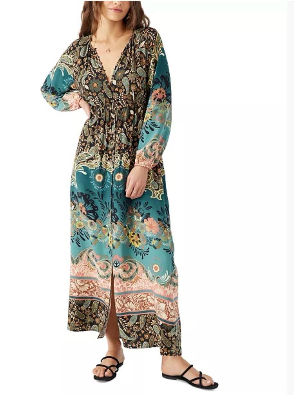 O’Neill Weslynn Boho Paisley Floral Maxi Dress Size Medium Teal Resort Dress - Picture 5 of 16